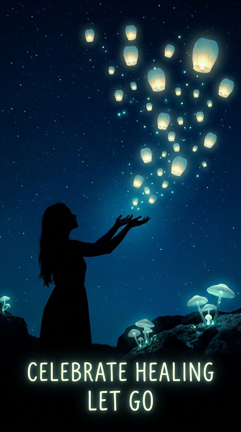Woman releasing sky lanterns representing Colorado healing journey